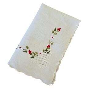 Vintage White Linen Embroidered Doily Placemat Red Flowers Cutwork Lace Edge